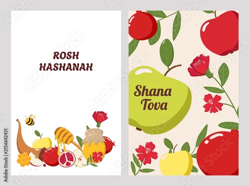 Two Rosh Hashanah greeting cards with apples, honey, pomegranates, flowers, and bees, featuring Rosh Hashanah