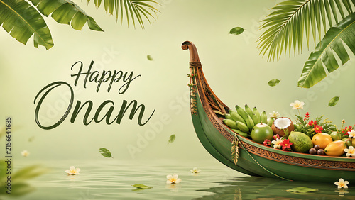 A traditional green wooden boat filled with fresh tropical fruits floating on calm water celebrating happy onam south indian festival in kerala