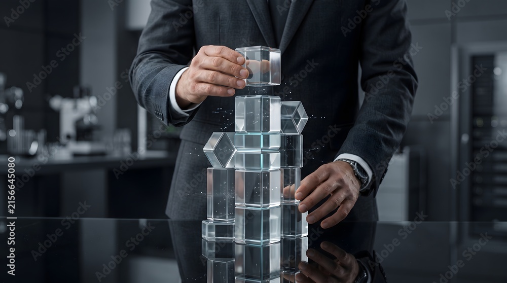 Naklejka premium Businessman building with transparent geometric blocks