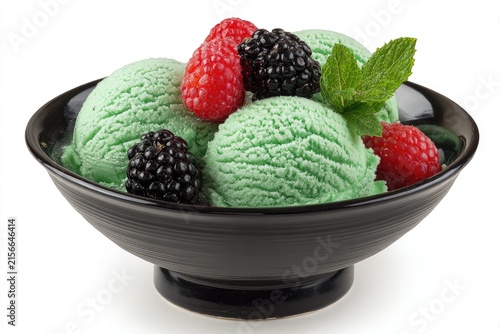 Fresh mint green ice cream scoops in a dark bowl, garnished with raspberries and blackberries