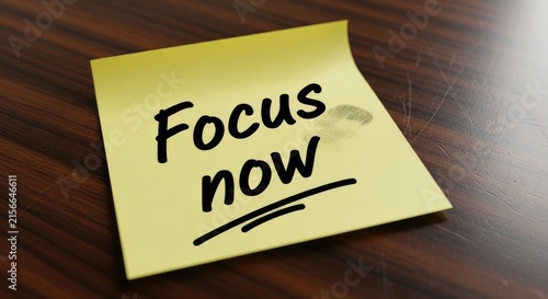 Yellow Sticky Note with the Words Focus Now on a Wooden Desk.