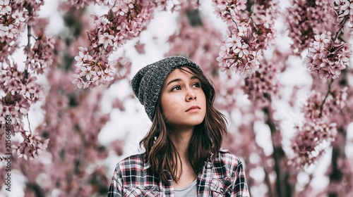 Young woman looking up, standing under blooming pink cherry blossom trees, springtime dreaminess