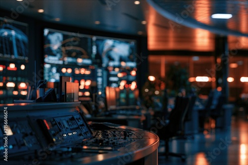 Premium professional technology photograph inside an advanced air traffic control simulation command center with global aviation tracking grids