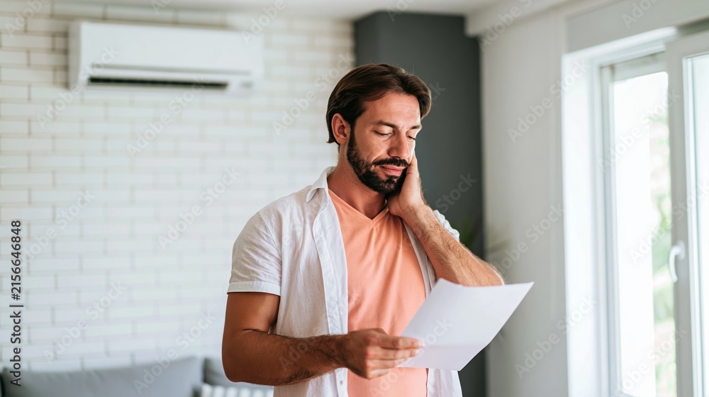 Fototapeta premium Young man feeling confused while reading instruction manual for new air conditioner at home