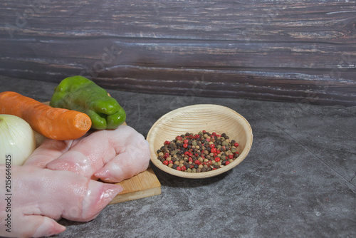Ingredients for cooking pig's trotters, animal gelatin, homemade food.
