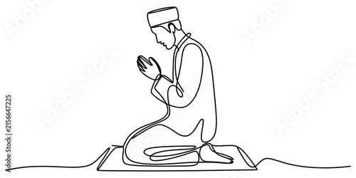 Continuous single line drawing of a muslim man praying on a prayer rug in a humble kneeling position isolated on a white background Vector, illustration