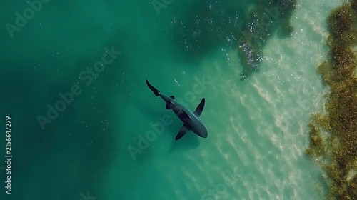 Aerial view of a shark swimming in shallow turquoise water near a sandy shore.