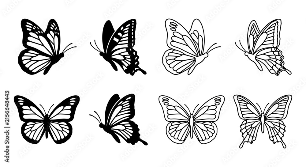 Fototapeta premium Eight butterfly illustrations in black and white line art style