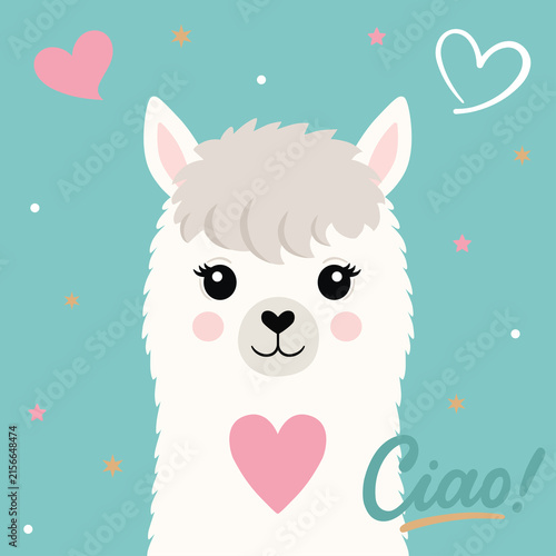 Cute pastel alpaca and llama character collection featuring six adorable animals with bows, scarves, garlands, and a party hat, isolated on a white background.
Sweet nursery illustration