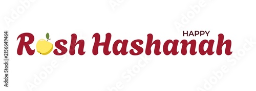 Festive Happy Rosh Hashanah text in decorative red font with a yellow apple replacing the o in Rosh