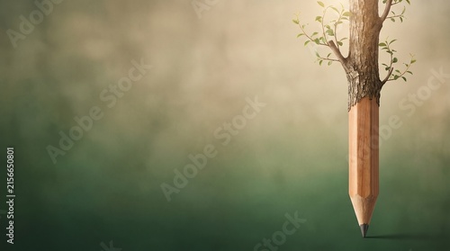 A Pencil with a Growing Tree Branch Emerging from its Tip, Symbolizing Growth and Creativity