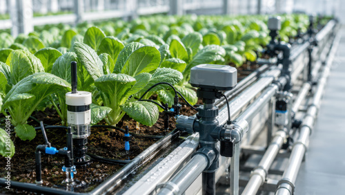 Autonomous greenhouse irrigation system with leafy vegetable plants and sensor control in bright modern glasshouse