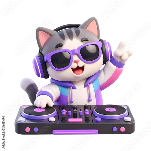 International Cat Day cute kitten disc jockey wearing stylish sunglasses and headphones performing music.