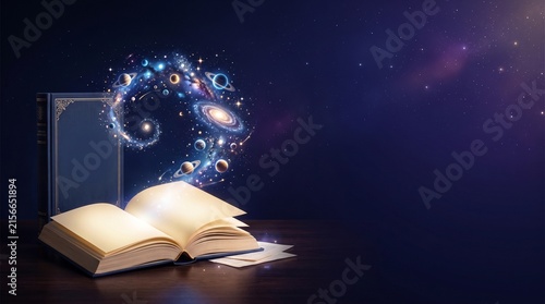Magical open book with glowing cosmos and swirling galaxy coming out from the pages