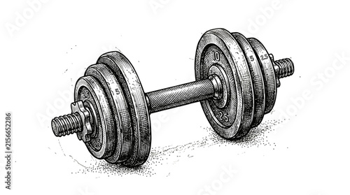 Heavy metal dumbbell illustration rendered in detailed crosshatching style with vintage ink drawing texture and shading