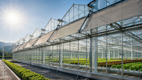Climate controlled greenhouse with glass structure and green plant rows in bright sunlight