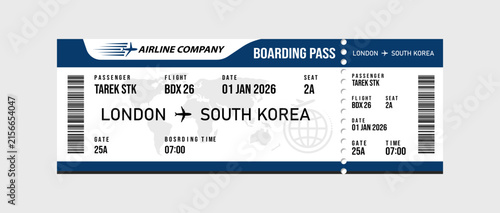 Blue and white airline boarding pass template for a flight from london to south korea with map globe barcode, and flight details