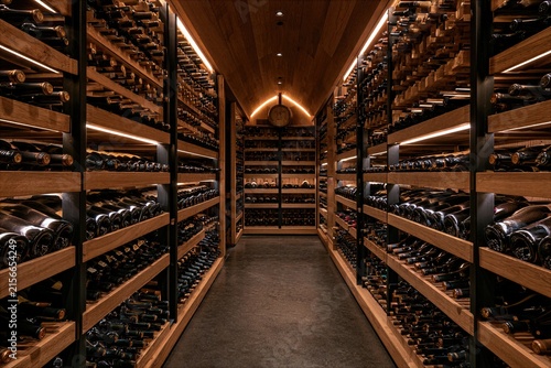 High-end professional commercial B2B interior photograph inside a luxury automated fine dining restaurant wine cellar vault