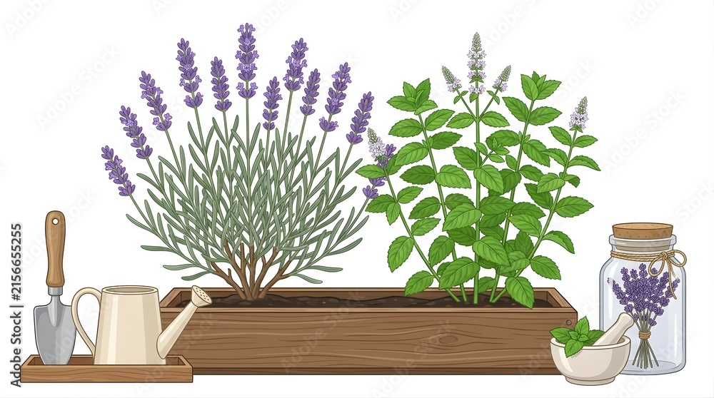 Fototapeta premium Lavender and mint plants growing in a wooden planter box with garden tools