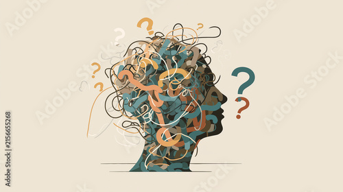 Overthinking and Anxiety Concept with Abstract Human Head and Tangled Maze Lines