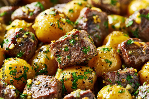 Roasted potatoes with beef chunks and fresh herbs