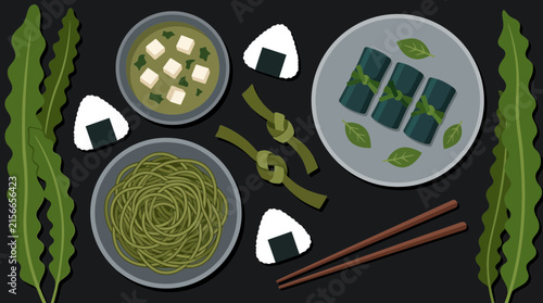 Flat Vector Illustration of Japanese Seaweed Food Set including Miso Soup, Onigiri, and Green Soba