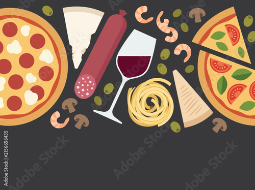 Italian Cuisine Illustration with Pizza, Pasta, and Wine on Dark Background