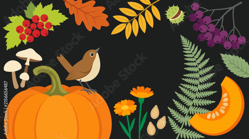 Flat Vector Autumn Harvest Illustration with Pumpkin, Bird, and Fall Foliage
