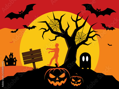 Spooky Halloween Silhouette Background with Zombie, Bats, and Pumpkins