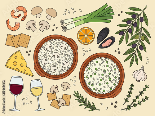 Mediterranean Risotto and Ingredients Flat Lay Illustration