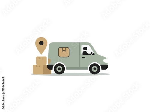 Courier delivery van vector illustration with stacked cardboard boxes, driver, and location map pin for parcel tracking.