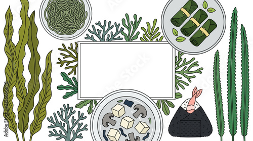 Seaweed Superfood Vector Illustration Background with Kelp, Noodles, Miso Soup, and Onigiri. Frame for Text Template.