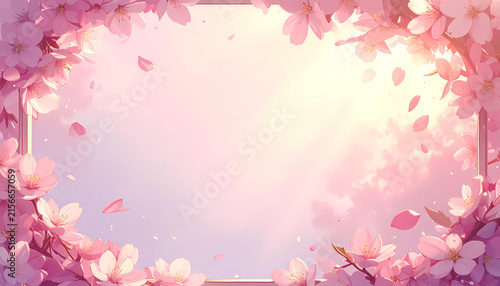 Soft pink cherry blossoms framing a luminous pastel background with falling petals.