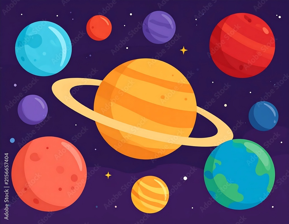 Fototapeta premium Colorful planets and moons in outer space scene.