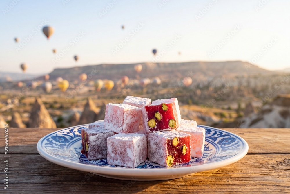 Fototapeta premium A decorative plate filled with traditional Turkish delight lokum cubes with pistachios, sitting on a wooden table with a breathtaking view of hot air balloons at sunrise.