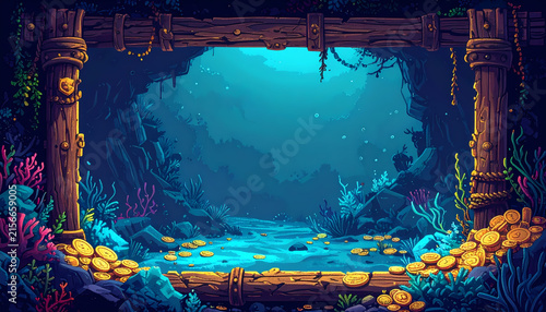 Pixel art underwater cavern filled with scattered gold coins and vibrant coral reefs.