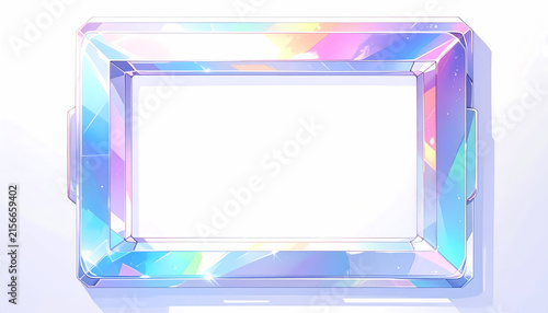 Luminous iridescent crystal frame with pastel holographic colors and a blank white center for copy space.