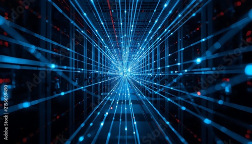 Data center interior with converging lines of light representing data transmission