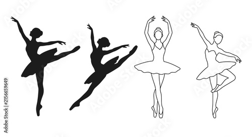 Ballerina silhouettes and line art depict graceful dance poses on a white background