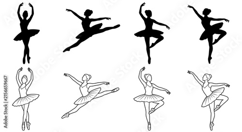 Ballerina silhouettes and line art depict graceful dance poses on a white background