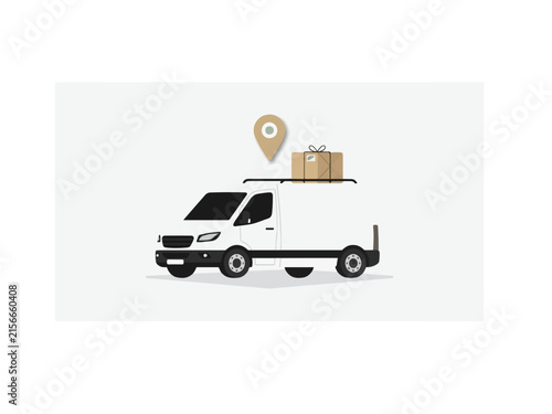 White delivery van vector illustration with roof rack packages and location map pin for logistics.