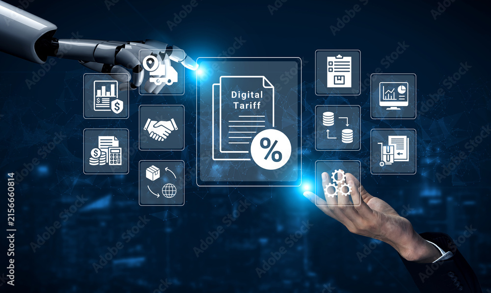 Obraz premium Digital Tariff Concept with Robotic Hand and Human Hand Interacting for Technological Innovation and Financial Transactions. Glyphic.