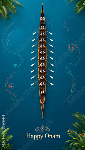 Top down view of men rowing a traditional wooden snake boat celebrating happy onam the great cultural south indian festival in kerala