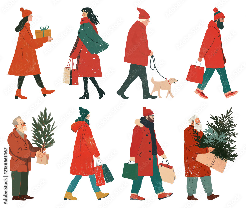 Naklejka premium PNG Festive winter shopping scene, element set on transparent background