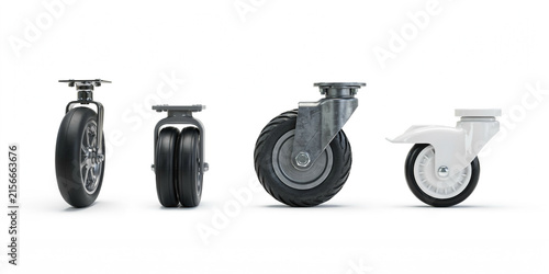 Four industrial swivel casters with rubber and plastic wheels on white background