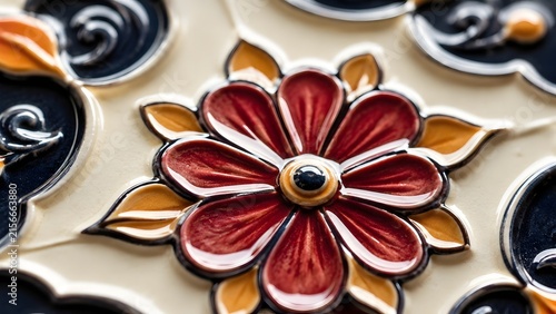 Macro view of red floral detail on glossy traditional ceramic tile