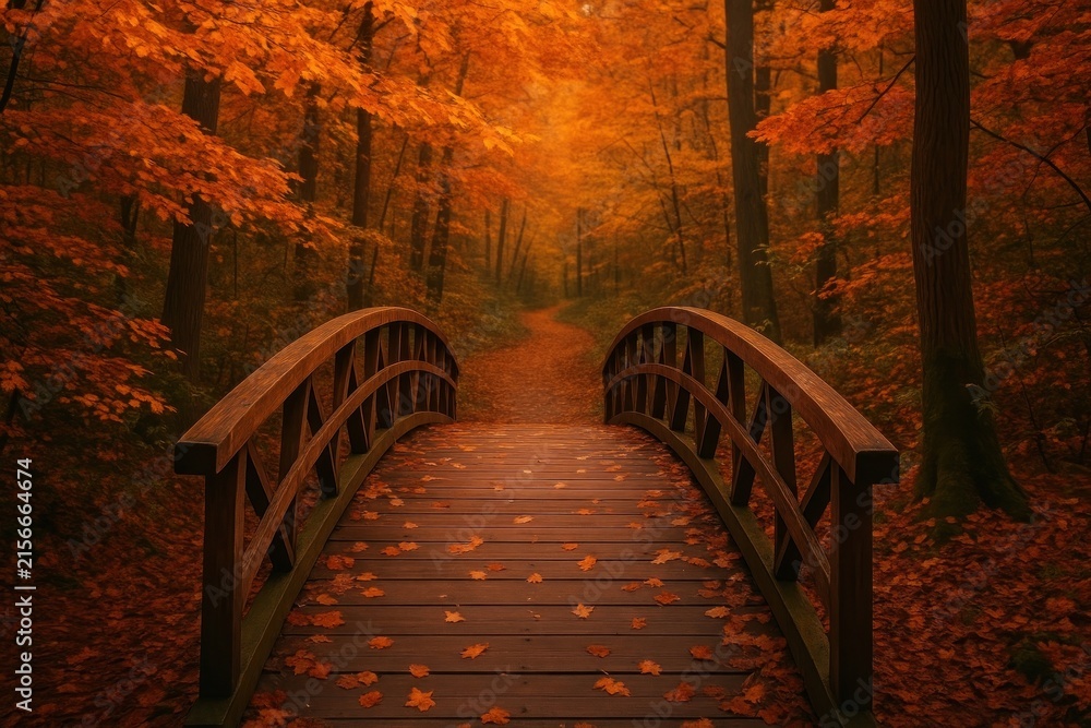 Obraz premium Serene autumn forest bridge pathway.