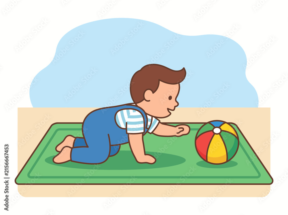 Fototapeta premium Baby Boy Crawling Toward Colorful Ball Vector Scene