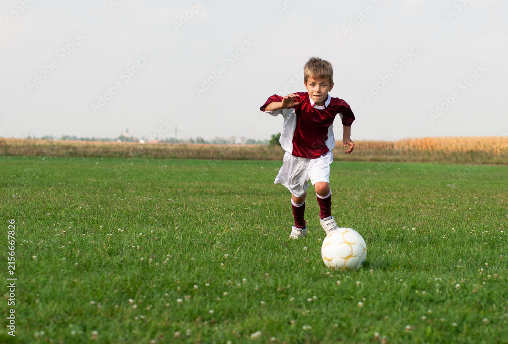 Naklejka premium Young Boy Playing Soccer on a Grassy Field