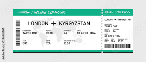 Green and white airline boarding pass template for flight from london to kyrgyzstan with map, barcode, and passenger information details